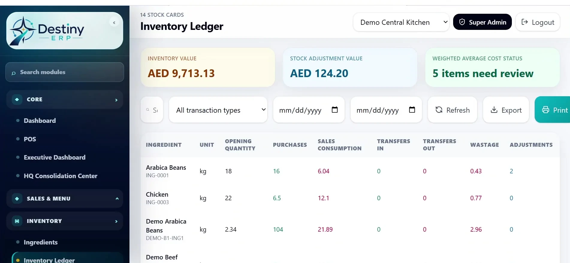 Destiny ERP — Inventory ledger