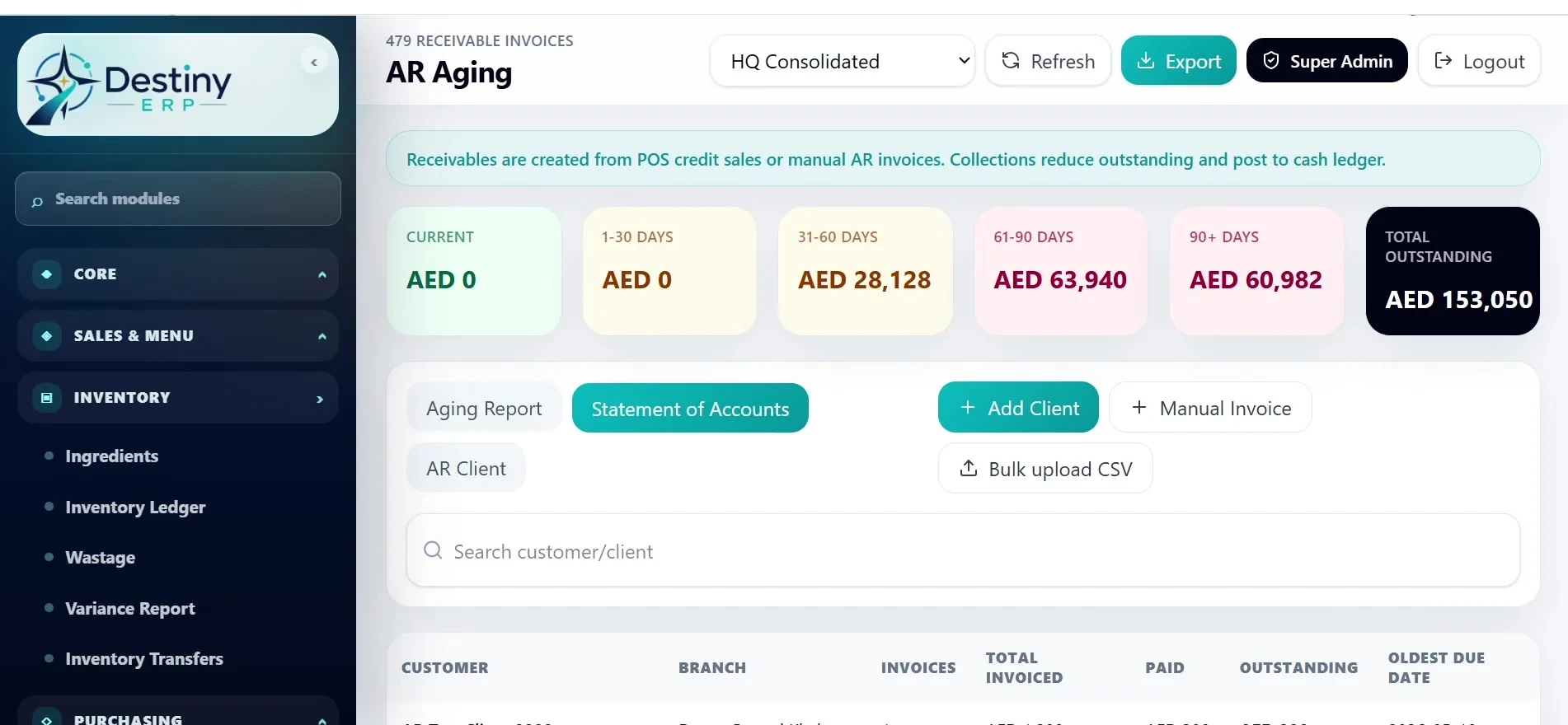 Destiny ERP — Receivables