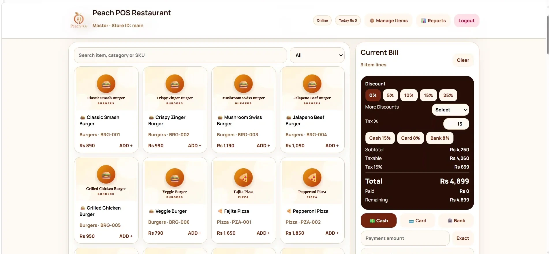 Peach POS — Discounts & taxes
