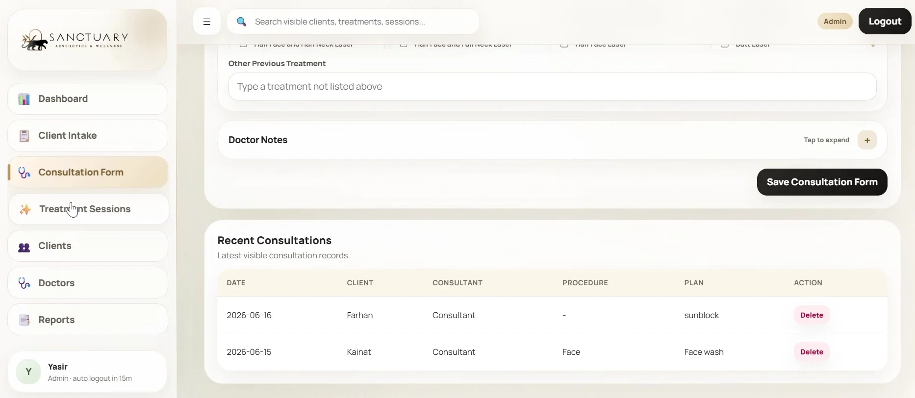 Sanctuary Aesthetics ERP — Consultation history