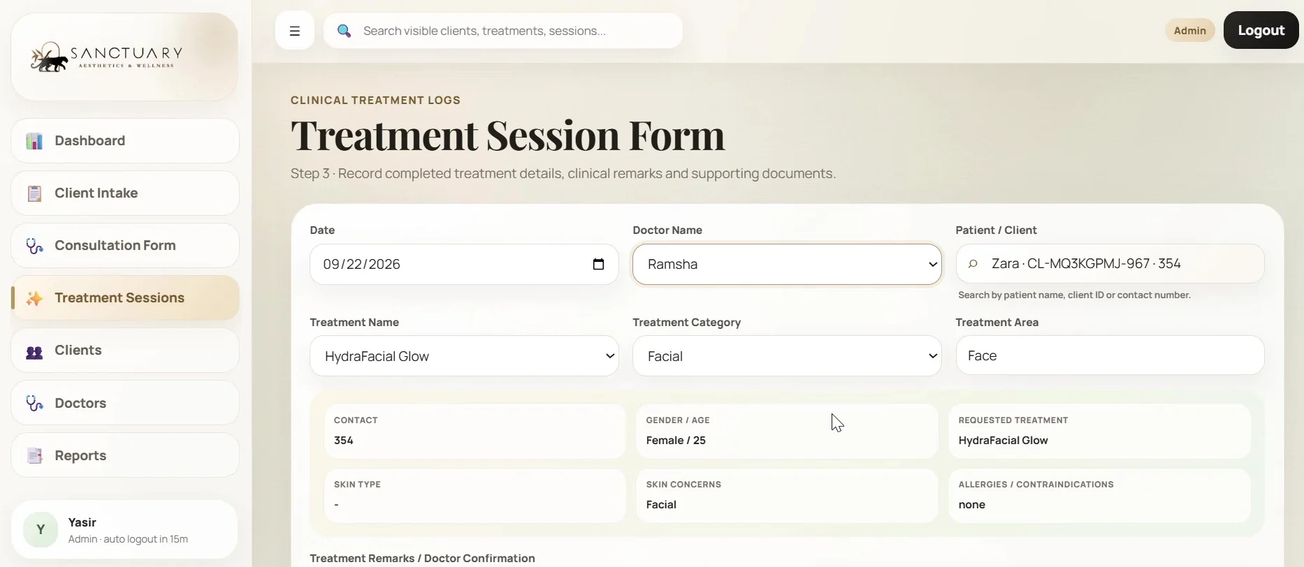 Sanctuary Aesthetics ERP — Treatment session