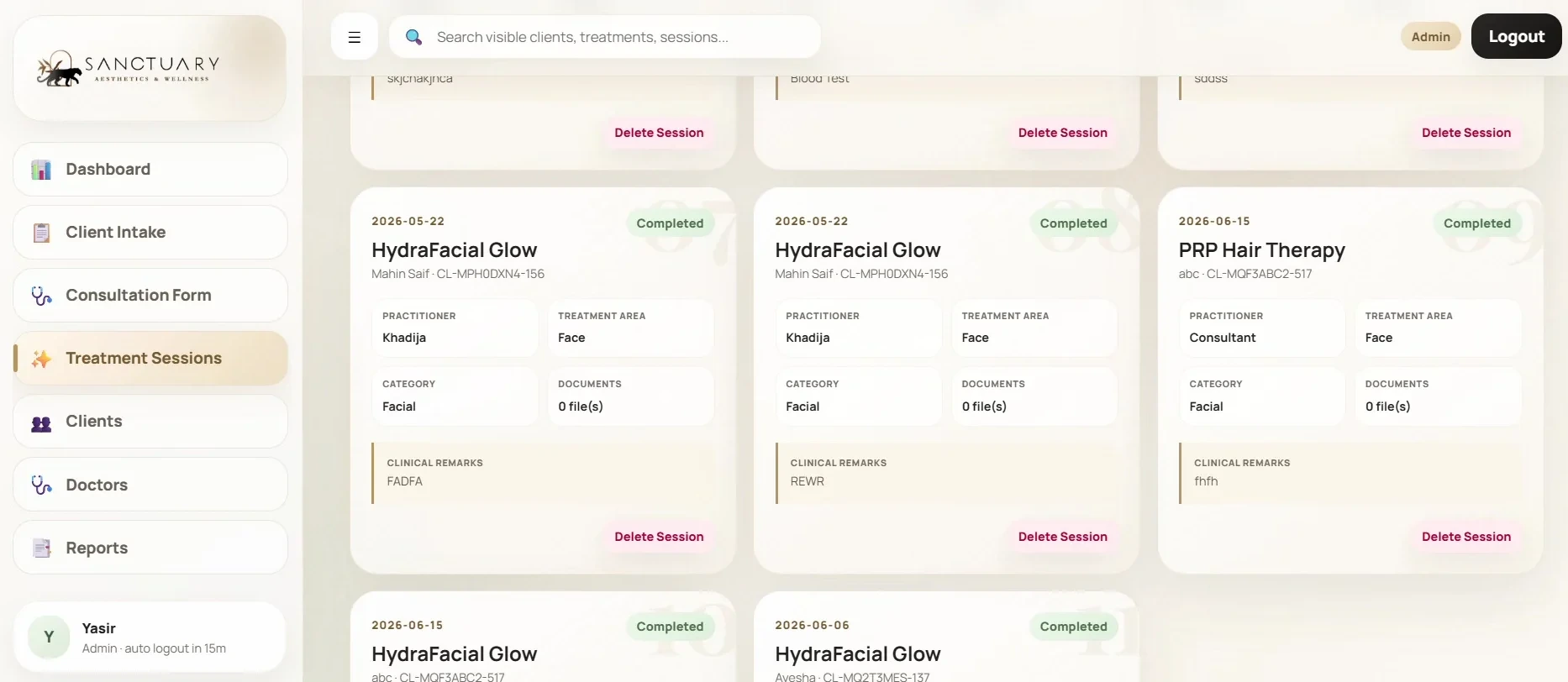 Sanctuary Aesthetics ERP — Treatment cards